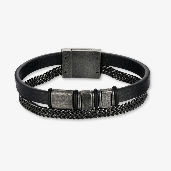 Personalized Black Leather Bracelet with Stainless Steel Chain and Three Engravings - Herzschmuck
